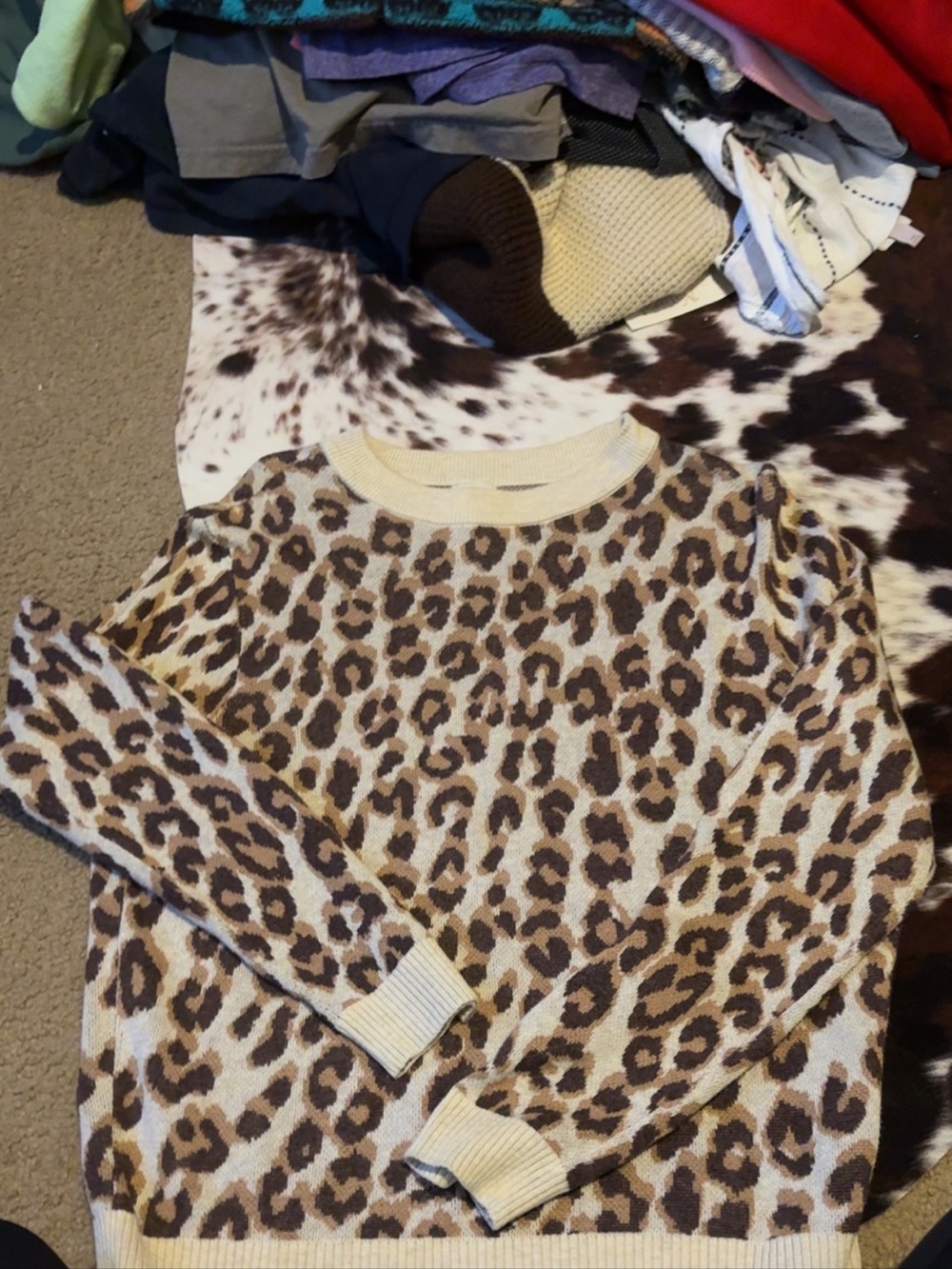 Leopard Print Crewneck Sweater - Cream and Brown